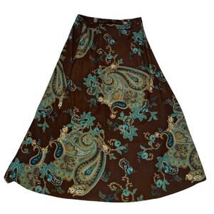 Women's Size 8 Vintage 90s R & K Originals Brown and Blue Paisley Midi Skirt